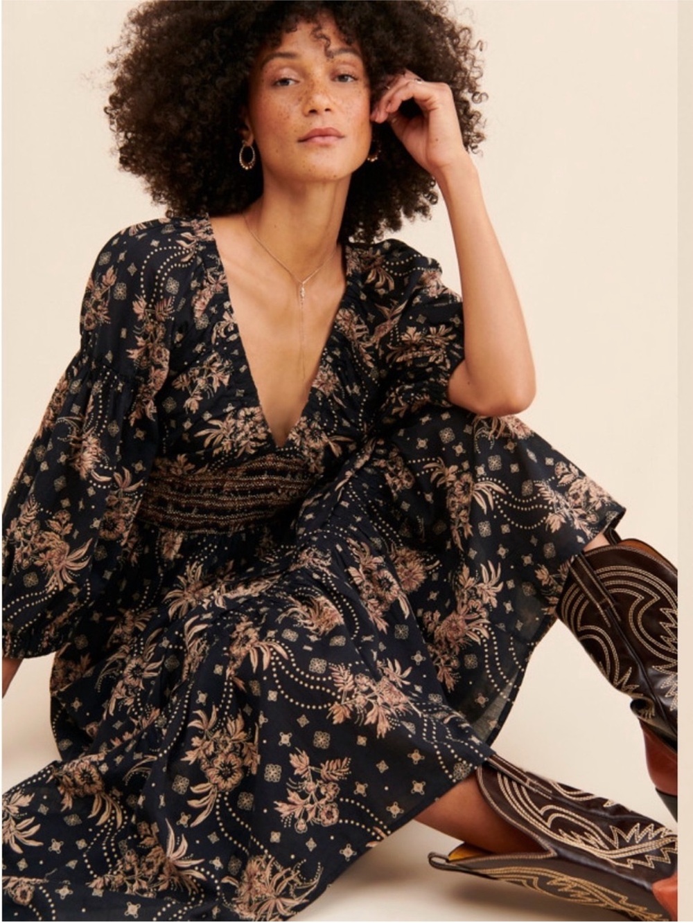 Free People Golden Hour Navy Maxi Dress with Beige Floral Print